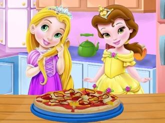 Baby Rapunzel and Belle cooking Pizza